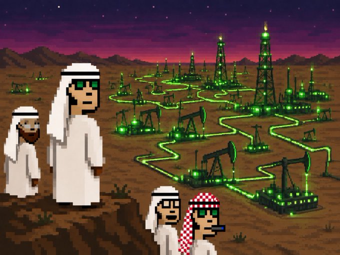 A pixel-art scene depicts characters in traditional Arab headdresses standing on a desert ridge overlooking a sprawling oil field, where pumpjacks and drilling towers are connected by glowing green pipeline networks stretching to the horizon under a starry purple sky, visually reinforcing the "CRITICAL INFRASTRUCTURE $OIL" theme by symbolizing oil production as a foundational global system.