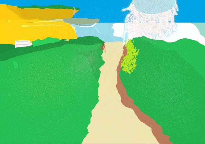 A digital painting of a sandy path winding through green fields, with a yellow cliff and blue sky in the background, and a small green plant on the right side.