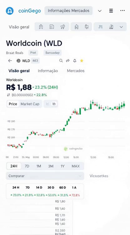 The image features a phone screen displaying an analysis of Worldcoin (WLD) over time, showing its price movements. The text suggests that there might have been some trading of the coin, possibly for money or to analyze its market trends. At least 24 hours ago, and up until today, the value of WLD has fluctuated between 2.0% and 24.0%. This information can be useful in understanding the performance and potential future developments of Worldcoin.