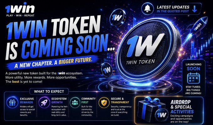 A promotional banner for '1WIN TOKEN IS COMING SOON...' with bold blue text on a dark space-themed background, advertising features like 'EXCLUSIVE REWARDS', 'ECOSYSTEM GROWTH', 'COMMUNITY FIRST', and 'SECURE & TRANSPARENT' along with an airdrop announcement.