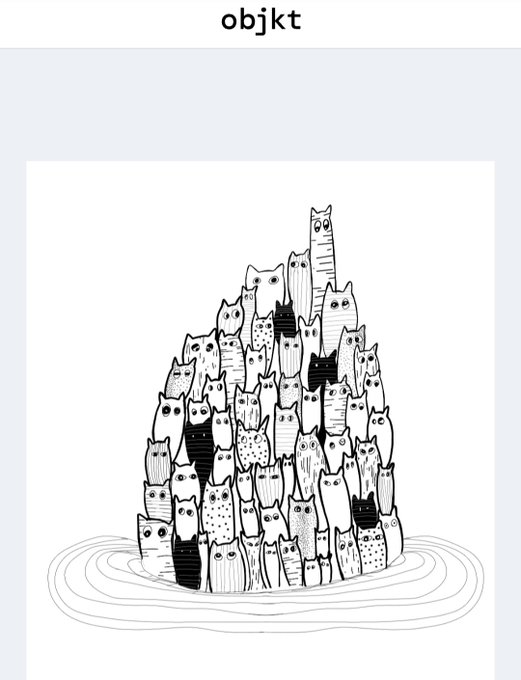 A black and white illustration labeled 'objkt' depicting a pyramid-shaped pile of many cats of various patterns sitting together.