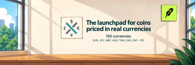 A banner image for the Robinhood token $CROSSRATE on Moby, featuring the tagline "The launchpad for coins priced in real currencies" with text noting support for 150 currencies including EUR, JPY, GBP, AUD, THB, CAD, and CHF. The design shows a bright room interior with a currency exchange logo, promoting the token's real-world currency pricing concept.