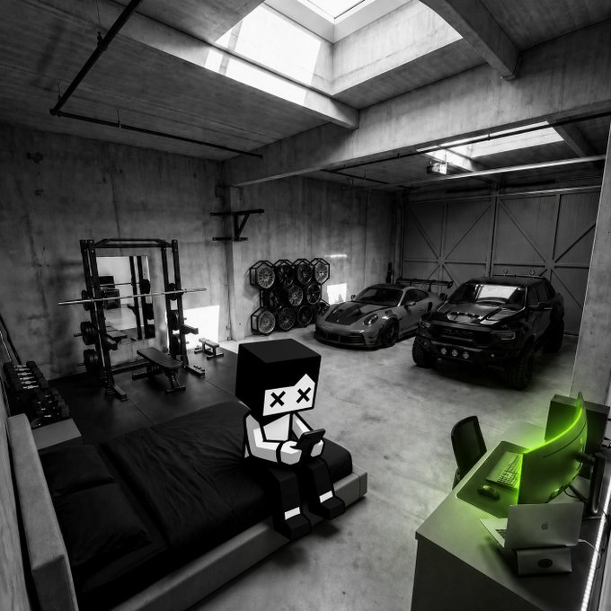 A black-and-white scene of a garage gym featuring a block-headed figure with X eyes sitting on a bed, a weight rack, a wall of weight plates, and two sports cars (a Corvette and a Mustang) parked in the background.