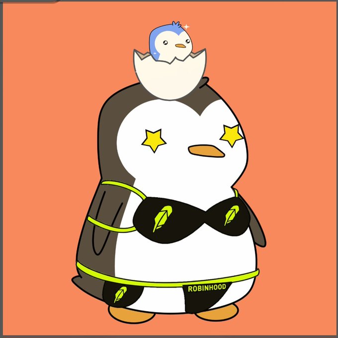 A cartoon penguin wearing star-shaped pasties, a harness, and a "ROBINHOOD" belt has a small blue bird hatching from an egg on its head. The playful, Robinhood-branded illustration pairs with the post's lighthearted tone of celebrating "bridging 1k for fun" over the weekend as a casual, non-replicable trade.