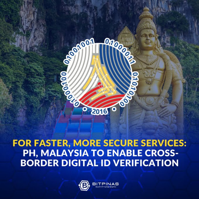 A BitPinas news graphic about the Philippines and Malaysia enabling cross-border digital ID verification, featuring a golden statue and binary code, dated 2016.