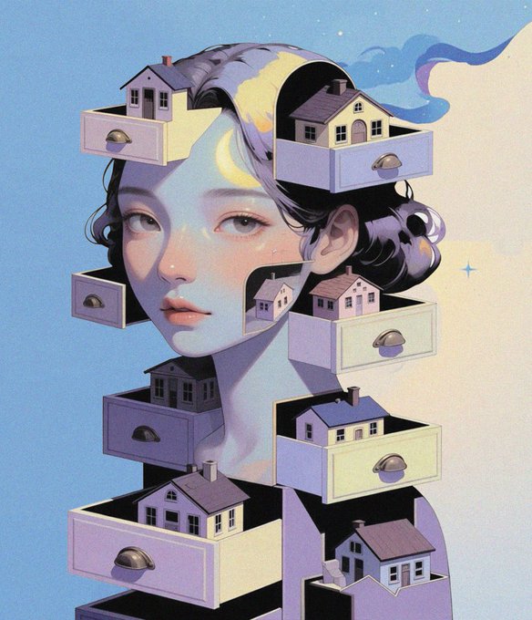 A surreal digital artwork depicting a woman's face in profile with her head opened like a dollhouse, revealing miniature houses and rooms contained within drawers that extend from her head and neck.