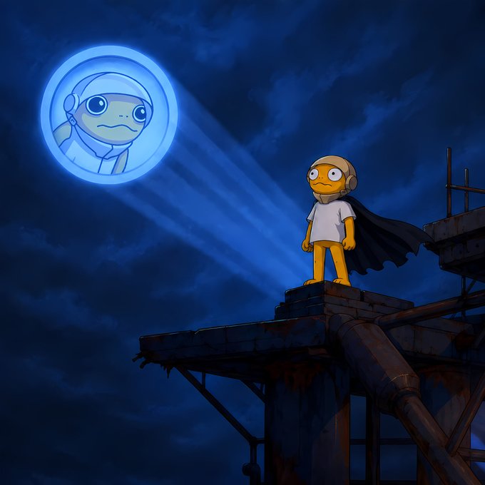 An anime-style illustration of a character in a cape standing on a dilapidated structure at night, illuminated by a blue spotlight from a floating sphere containing a similar figure's face.