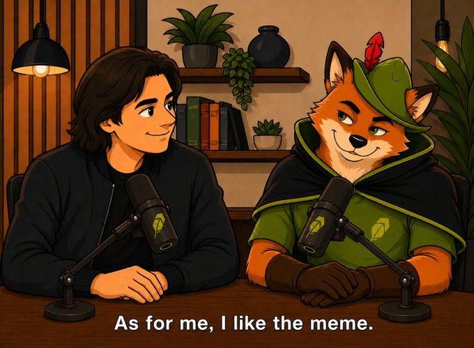 A cartoon-style image shows a human host and a fox character in a green Robinhood-branded Robin Hood hat sitting at a podcast table with matching microphones, with the caption "As for me, I like the meme." The image humorously ties into the post's message that "$FOX belongs to Robinhood," playfully blending the meme culture surrounding the FOX token with the Robinhood brand identity.