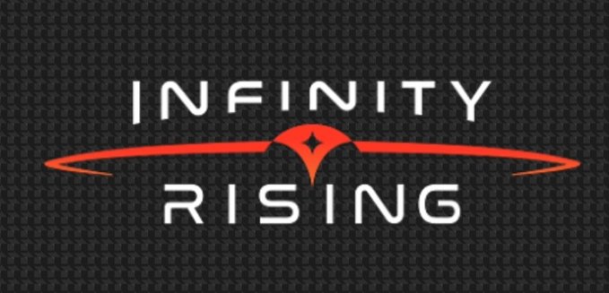 The 'INFINITY RISING' logo displayed in white text with a red decorative emblem on a dark textured background.