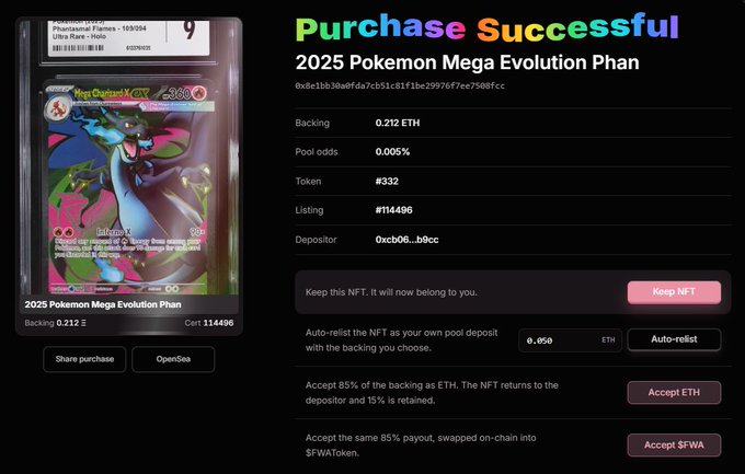 A 'Purchase Successful' screen for a '2025 Pokemon Mega Evolution Chan' NFT priced at 0.212 ETH, showing options to 'Keep NFT', 'Auto-relist', 'Accept ETH', or 'Accept $FWA'.