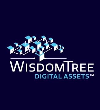 The image displays the WisdomTree Digital Assets logo on a navy blue background, featuring a stylized blue tree design above the white "WISDOMTREE" text and "DIGITAL ASSETS™" tagline. The post references WisdomTree's $170B asset management firm commenting on Bitcoin's resilience during economic uncertainty, directly aligning with the company's digital assets branding shown in the logo.