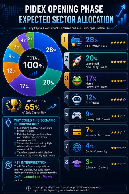 An infographic titled "PIDEX Opening Phase – Expected Sector Allocation" displays a pie chart and ranked list projecting 100% of early capital flow distribution across eight sectors, led by DEX/Wallet/DeFi at 28%, followed by Launchpad/Utility Tokens (20%) and Meme/Community Tokens (17%), with smaller allocations to AI-Agents (12%), Gaming/NFT/GameFi (9%), Payments/Commerce (7%), Social/Community (4%), and Education/Content (3%). The visualization reinforces the accompanying post by illustrating how PIDEX could channel early Pi ecosystem capital primarily into DeFi infrastructure, launchpads, and meme tokens, while leaving peripheral sectors like payments, gaming, AI, social, and education as secondary opportunities.