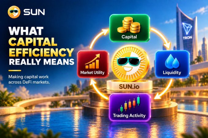 SUN.io promotional graphic titled 'WHAT CAPITAL EFFICIENCY REALLY MEANS' featuring four interconnected icons (Capital, Market Utility, Liquidity, Trading Activity) around a central sun character, with Tron branding visible.