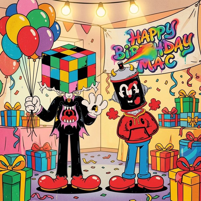 A cartoon birthday scene with two characters—one with a Rubik's cube head and another with a spray paint can head—standing before a "HAPPY BIRTHDAY MAC" banner with balloons and presents.