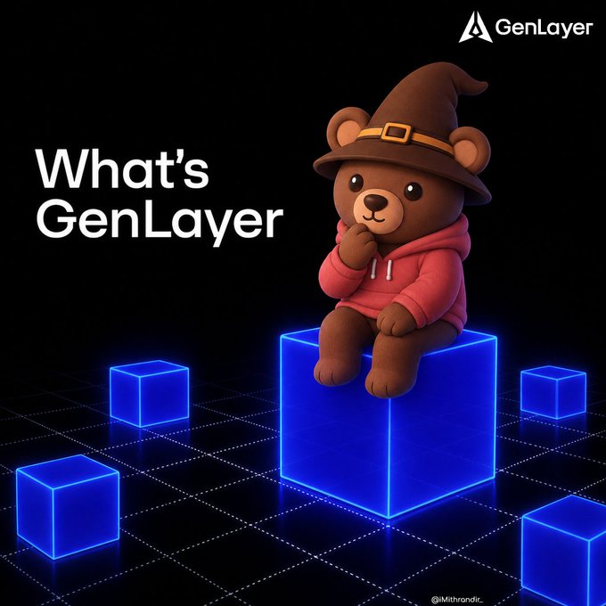 A promotional graphic with the text "What's GenLayer" featuring a 3D-rendered teddy bear wearing a wizard hat and pink hoodie, sitting on a glowing blue cube on a grid background.