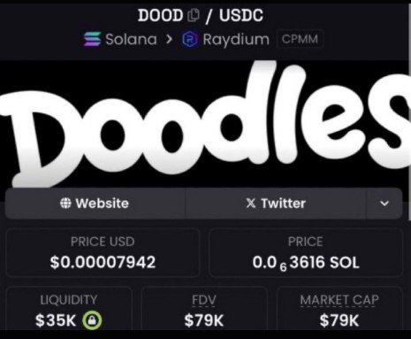 A cryptocurrency tracking screen showing "DOOD / USDC" on Solana Raydium CPMM with a price of $0.00007942 USD, $35K liquidity, and $79K market cap.
