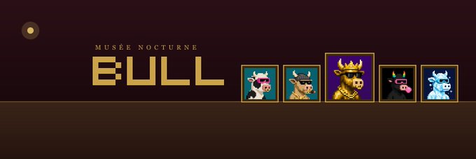 A dark banner titled "MUSÉE NOCTURNE BULL" displays five framed pixel-art bull portraits against a teal background, visually representing the NFT collection advertised in the post as an AI-driven "LFG BULL" project available for minting at lfgbull.com.