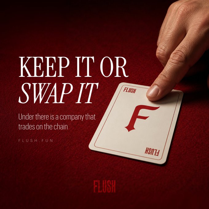 A hand rests on a "FLUSH" playing card with a bold "F" design against a dark red background, accompanied by the text "KEEP IT OR SWAP IT" and "Under there is a company that trades on the chain / FLUSH.FUN." The image ties to the post by evoking a casino card-table feel ahead of the multiplayer launch and automated $FLUSH buybacks and burns announcement.