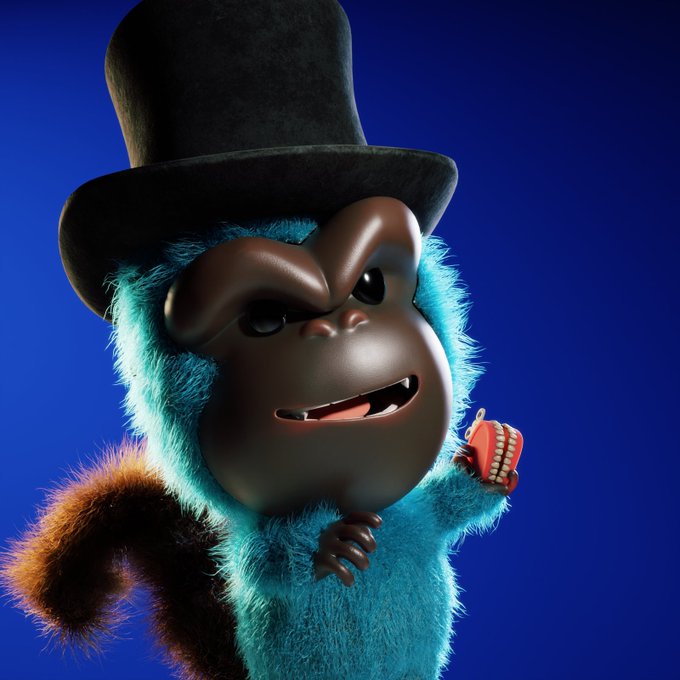 A 3D rendered blue furry monkey character wearing a black top hat and holding a small red accordion against a blue background.