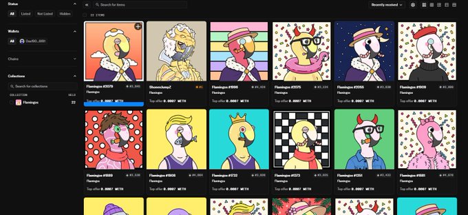 A screenshot of an NFT marketplace displaying a collection of Flamingo-themed digital art pieces, with various listings and price information visible.