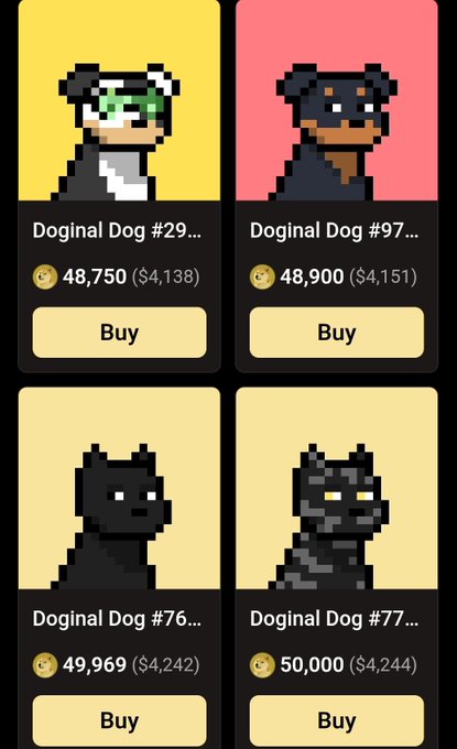 A mobile marketplace interface showing four 'Doginal Dog' NFT listings priced in BTC and USD, each with a 'Buy' button.