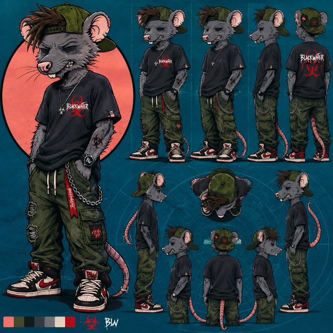 A character design sheet of an anthropomorphic mouse wearing a 'BUCKWATER' biohazard t-shirt, green cargo pants, and sneakers, shown from multiple angles against a teal background with a red circle.