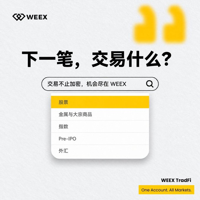 A promotional graphic for WEEX TradFi displaying a search bar with the prompt "下一笔，交易什么？" (Next trade, what to trade?) and "交易不止加密，机会尽在 WEEX" (Trading isn't just crypto, opportunities are all on WEEX). A dropdown menu reveals TradFi asset categories: 股票 (Stocks), 金属与大宗商品 (Metals & Commodities), 指数 (Indices), Pre-IPO, and 外汇 (Forex), tying directly to the post's theme of exploring TradFi markets beyond crypto.