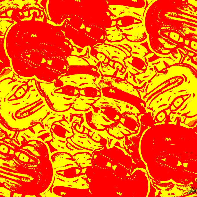 A vibrant red and yellow abstract artwork featuring overlapping cartoon-like faces with sunglasses and hats in a chaotic, sketchy style.