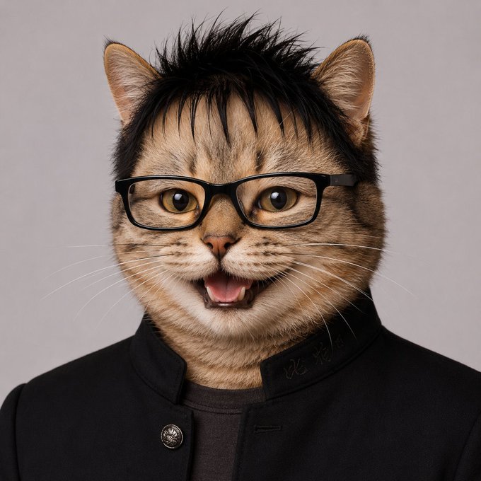 A portrait of a cat with spiky hair, wearing glasses and a black collared jacket