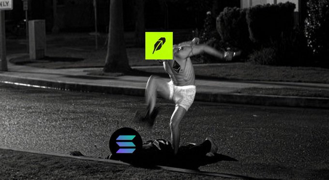 A black-and-white photo of a person appearing to dance on a mannequin lying on a street, with a green Robinhood logo covering the face and a Solana logo in the bottom-left.