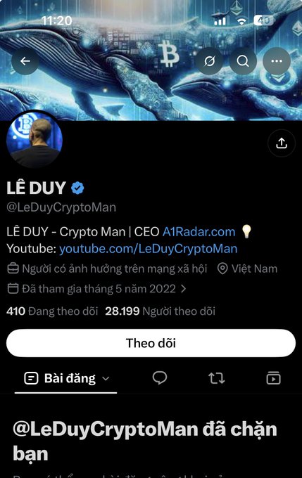A Twitter/X profile page for LÊ DUY (@LeDuyCryptoMan), CEO of A1Radar.com, a verified Vietnamese crypto influencer with 410 following and 28,199 followers. The banner features whale imagery with Bitcoin and Ethereum symbols.