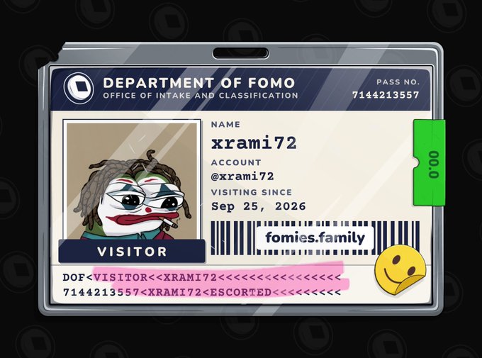 A digital ID card from the 'Department of FOMO, Office of Intake and Classification' for a visitor named xrami72, displaying a clown-like avatar and pass number 7144213557.