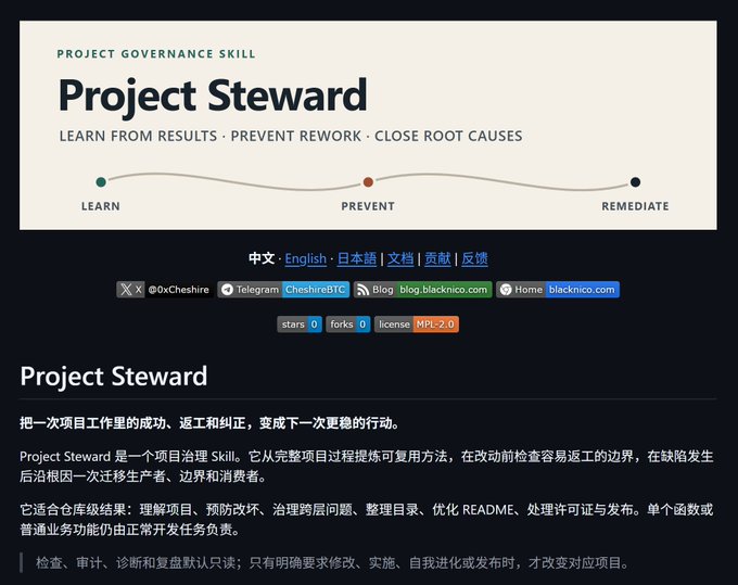 A webpage header for 'PROJECT GOVERNANCE SKILL' titled 'Project Steward' displays the tagline 'LEARN FROM RESULTS · PREVENT REWORK · CLOSE ROOT CAUSES' with a timeline graphic showing Learn, Prevent, and Remediate stages, alongside Chinese text.