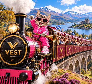 A vibrant illustration of cats in pink tracksuits riding a pink and gold train labeled 'VEST' across a stone bridge in a mountainous landscape.
