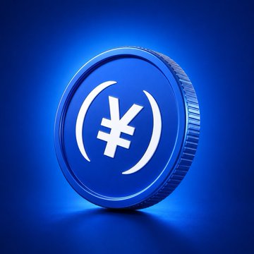 A 3D rendered blue cryptocurrency coin with a stylized symbol featuring two curved parentheses enclosing a cross-like emblem, set against a dark blue gradient background.