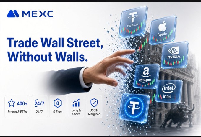 A MEXC cryptocurrency exchange advertisement with the slogan 'Trade Wall Street, Without Walls,' showing logos for Tesla, Apple, NVIDIA, Amazon, and Intel breaking through digital barriers.