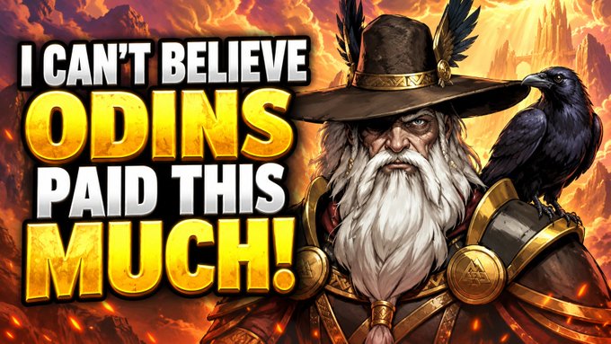 A bearded warrior in a wide-brimmed hat stands beside a black raven against a fiery background, with bold text reading "I CAN'T BELIEVE ODINS PAID THIS MUCH!" The Viking/Odin-themed graphic pairs with a YouTube giveaway post to draw attention to a $50 stake prize promotion.