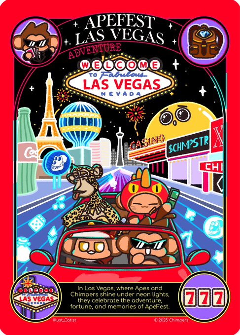 A vibrant, cartoon-style slot machine themed poster for 'APEFEST LAS VEGAS ADVENTURE' featuring 'WELCOME to Fabulous LAS VEGAS NEVADA', 'Coca-Cola', 'CHIMPSTR', and a '777' display, depicting apes and monkeys driving a car with the Eiffel Tower, a hot air balloon, and a roller coaster in the background, dated 2025 Chimper.