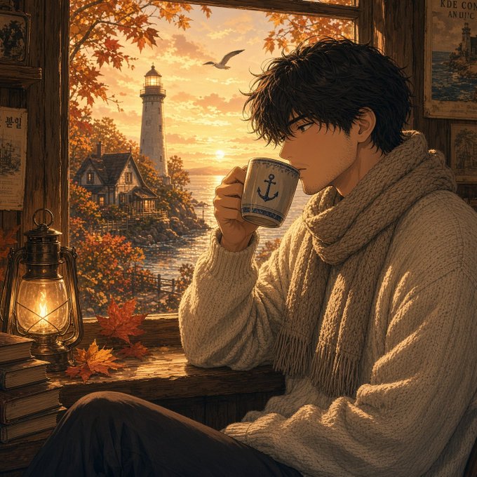 A cozy anime-style illustration of a dark-haired young man in a chunky knit sweater sipping from a mug while looking out a window at a sunset over a lighthouse.