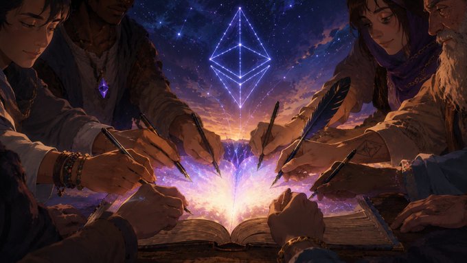 A diverse group of people from different generations and backgrounds gather around an open book, their pens touching its pages as a glowing Ethereum logo radiates from the center against a starry cosmic backdrop, symbolizing the collective act of writing and shaping Ethereum's history together—reflecting the post's sentiment about $ETH and $BMNR holders being part of a priceless journey rather than just seeking future wealth.