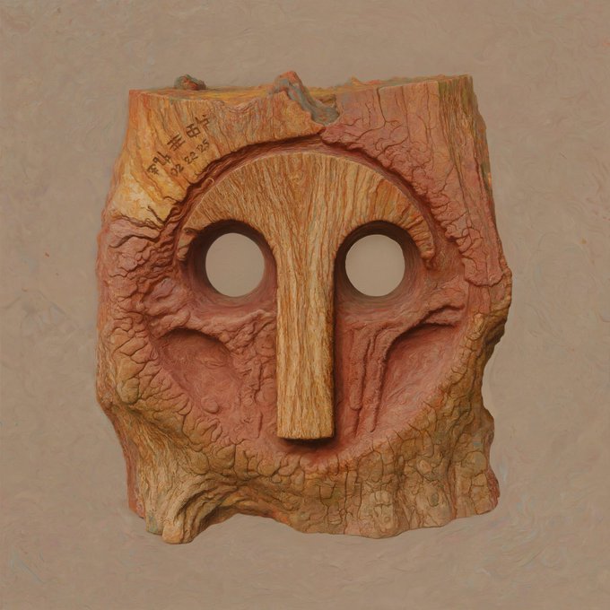 A carved wooden mask with circular eye holes and elongated nose, featuring an inscription reading "MASK OF LUCI 02.22.25" in the upper left, displayed against a textured beige background, representing Sam Spratt's "Uncarved Union" NFT artwork that sold for 10.05 ETH on GONDI.