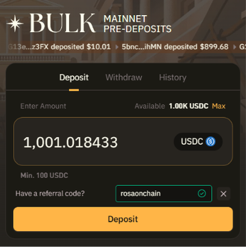 A screenshot of Bulk's mainnet pre-deposit interface showing a USDC deposit of 1,001.018433 (exceeding the 100 USDC minimum) with the referral code "rosaonchain" applied, which appears to be replacing the poster's original "farmaura" code. The interface displays the deposit tab, available balance of 1.00K USDC, and a Deposit button for farming Aura points on Bulk's platform.