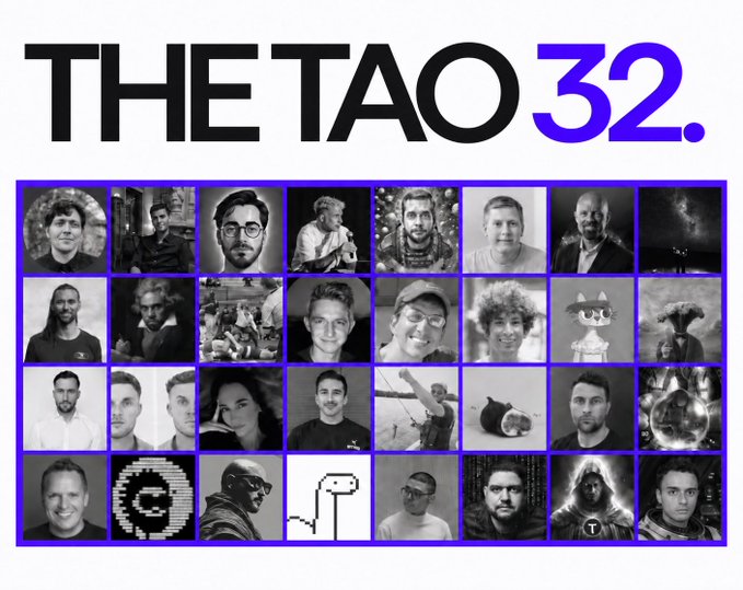 A graphic titled 'THE TAO 32.' in bold black and purple text displays a 4x8 grid of black-and-white profile photos featuring various individuals.