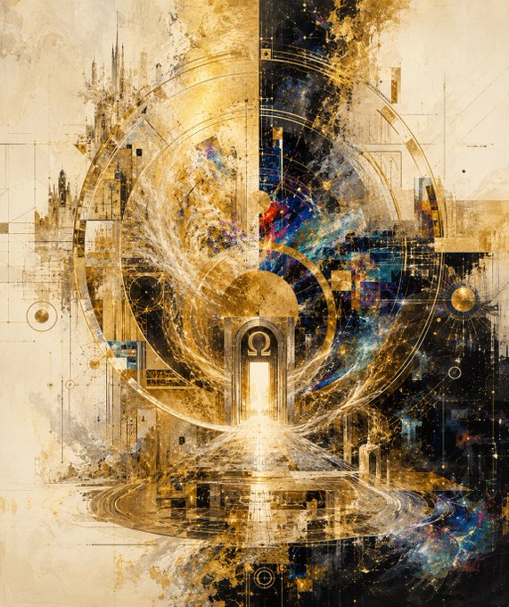 An ornate abstract artwork featuring golden circular patterns, cosmic splashes of blue and red, and architectural elements with a glowing doorway at the center.