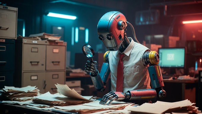 An AI-generated image of a humanoid robot wearing a white shirt and red tie, holding a magnifying glass while examining papers at a cluttered desk.