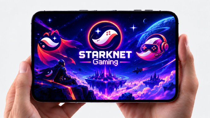 Hands hold a tablet displaying vibrant 'STARKNET Gaming' artwork featuring a gamepad, planets, and characters against a cosmic purple background.