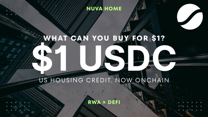 A promotional graphic for 'NUVA HOME' reading 'WHAT CAN YOU BUY FOR $1? $1 USDC US HOUSING CREDIT. NOW ONCHAIN RWA x DEFI', set against a background of skyscrapers.