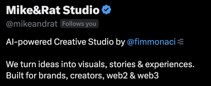 A Twitter/X profile banner for 'Mike&Rat Studio' (@mikeandrat), describing it as an 'AI-powered Creative Studio by @fimmonaci' that turns ideas into visuals.