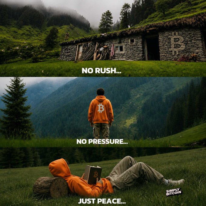 A three-panel image promoting Bitcoin with scenes of a person in an orange Bitcoin hoodie in a mountainous landscape, captioned 'NO RUSH...', 'NO PRESSURE...', and 'JUST PEACE...' alongside a 'SIMPLY BITCOIN' logo.