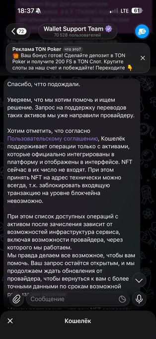 Telegram screenshot from Wallet Support Team (in Russian) addressing a TON Poker deposit issue with 200 FS in TON Slot, explaining verification delays with the provider.